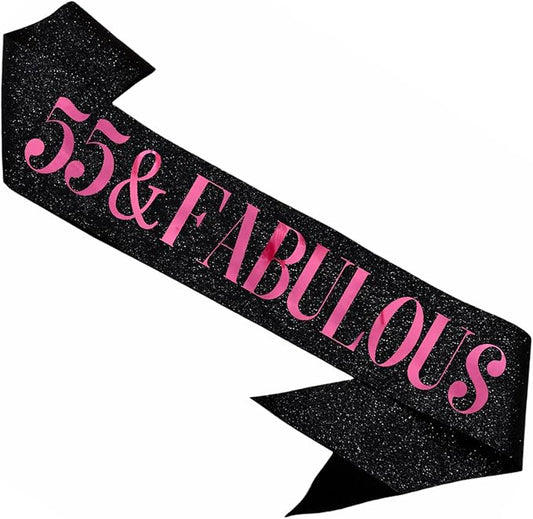 55 & Fabulous Sash, Funny 55th Birthday Sash for Women 55th Bday Party Photo Prop Favors Suppiles, Pink Foil Letter, Glitter Black