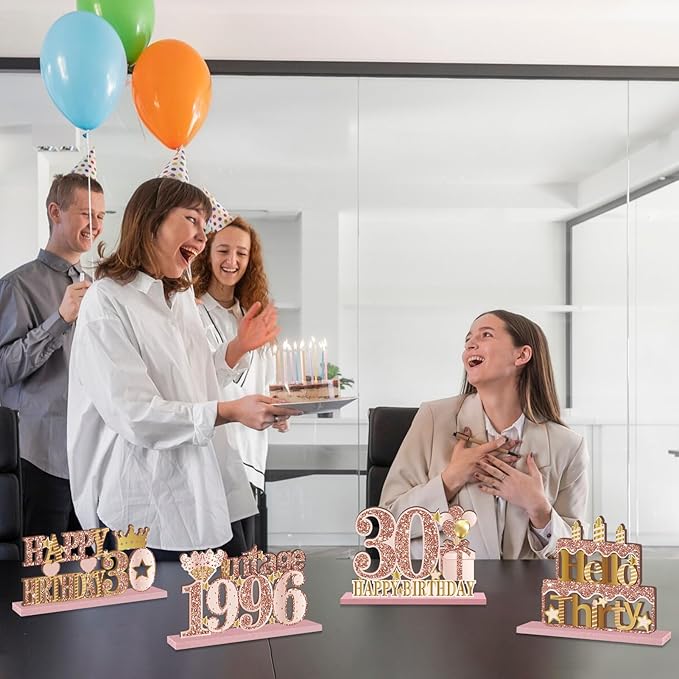 4 Pieces 30th Birthday Decorations Wooden Vintage 1996 Table Centerpieces for Women, Pink Rose Gold Cheers to 30 Years Table Sign Party Supplies, Hello 30 Years Old Bday Table Decor