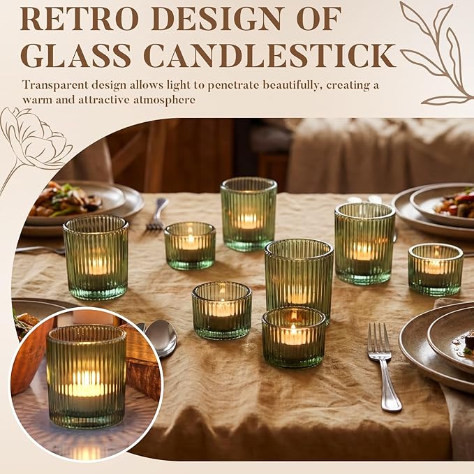 36 Pcs Vintage Green Ribbed Glass Tealight Holders Bulk, 18 Large & 18 Small Candle Holders for Christmas, Table Centerpieces, Wedding Decor, Birthday & Home Party Ambiance