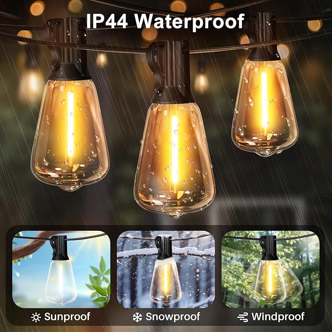 LAMPHOME Outdoor String Lights Waterproof, 51FT LED Patio Lights with 25+2 Spare ST38 Shatterproof Vintage Edison Bulbs,Connectable Hanging Lights for Backyard Garden Porch Deck Balcony Party Decor