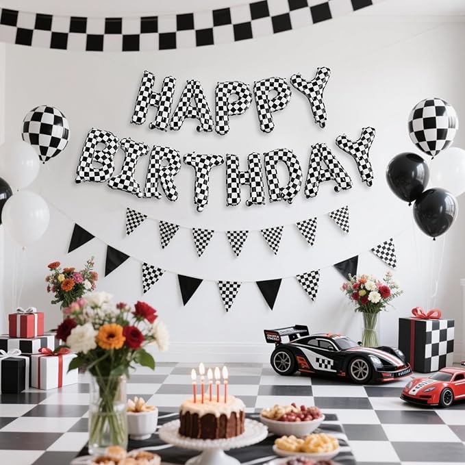 CANREVEL Happy Birthday Banner 13pcs 16 Inch Mylar Foil Letters Sign Balloons Racing Car Birthday Party Decorations for Kids and Adults - 3D Black & White Checkered