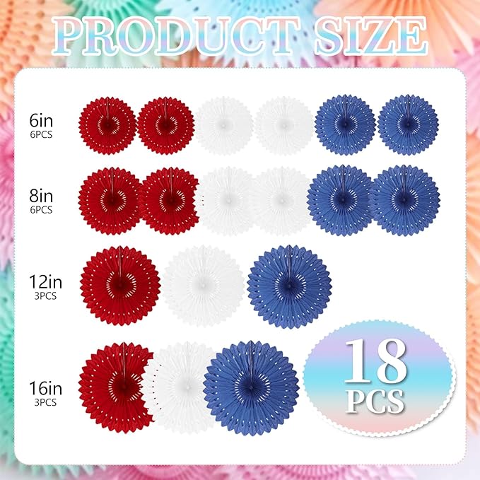 4th of July Patriotic Decorations, 18 Pcs Red White Blue Hanging Honeycomb Paper Fans, Round Paper Fan Decorations for American Fourth of July Memorial Day Independence Day Events Party Supplies