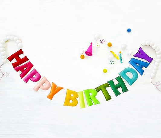 Pre-Strung Happy Birthday Banner - Felt Ball Garland - Happy Birthday Garland, Rainbow Party Decorations, Personalized Birthday Sign for Party Decor,Photo Prop (Birthday Banner Wearing White Balls)