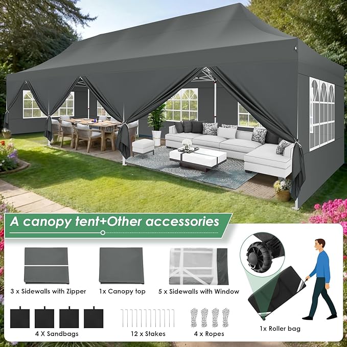 COBIZI Canopy Tent 10x30 Pop Up Canopy with 8 Removable Sidewalls Party Tents for Parties Wedding Patio Commercial Waterproof and UV50+ Ez Outdoor Instant Gazebo with Roller Bag & 4 Sandbags（Grey）