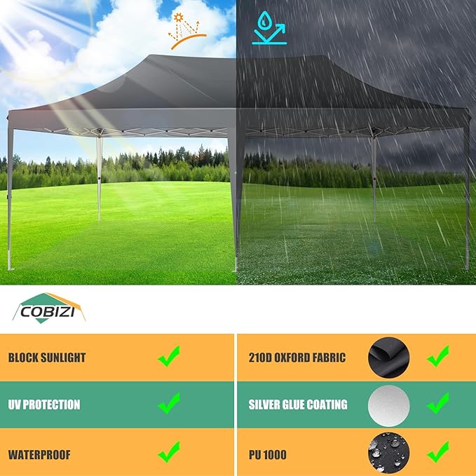 COBIZI 10x20 Pop Up Canopy with 6 Sidewalls,10x20 Canopy Tent Frame Upgraded with 3 Adjustable Heights,Waterproof UV50+ Outdoor Party Commercial Ez Up Gazebos with Carry Bag(10 x 20 ft Gray)