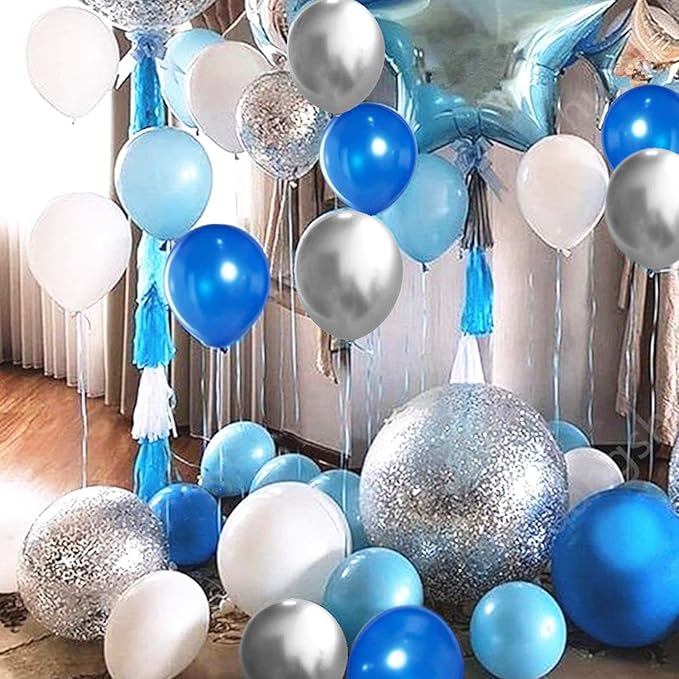 OuMuaMua 62pcs Blue Silver White Confetti Balloons Kit, 12 Inch White Royal Blue Metallic Silver Confetti Balloons for Boy Birthday Baby Shower Graduation Party Supplies