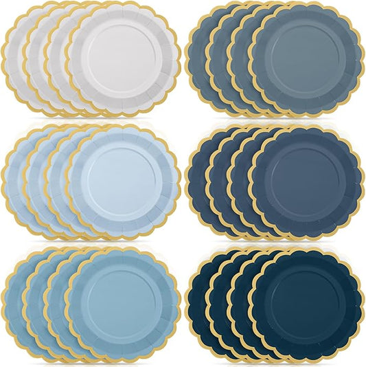 48 Pcs Dusty Blue Paper Plates 9 Inch Gradient Scalloped Paper Blue Plates Disposable Dinner Dessert for Birthday Wedding Bridal Party Supplies, 6 Colors