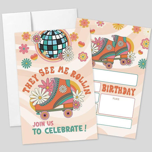 20 Sets Roller Skating Birthday Party Invitations With Envelopes,Retro 70s 80s Daisy Roller Skate Double-sided Printed Birthday Party Invitation Invite Cards for Kids Teen,Girl Birthday Party Invites