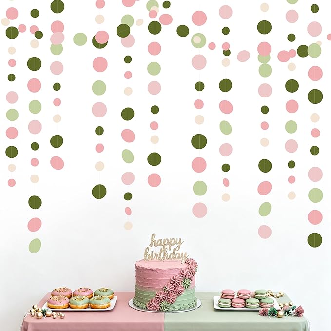 Sage Green and Dusty Pink Polka Dots Garlands Olive Green Dusty Rose Beige Hanging Paper Circle Dots Streamer for Girls Birthday Baby Shower Wedding Engagement Bachelorette Party Decorations Supplies