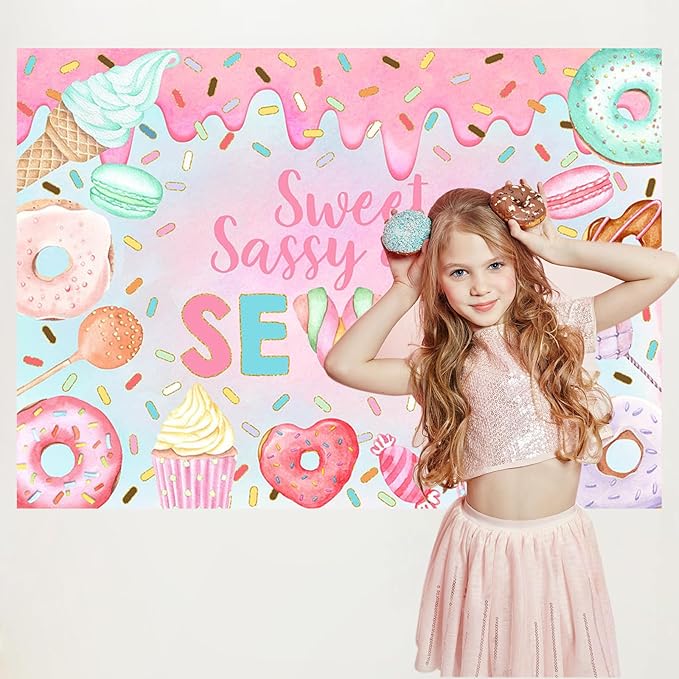 Mocsicka Donut 7th Birthday Backdrop Sweet Sassy and Seven for Girl Birthday Party Decorations Banner Seven Years Old Birthday Photography Background Photo Booth Studio Props (7x5ft(82''x60''), Pink)
