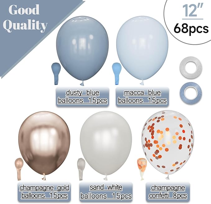 68Pcs Dusty Blue and Champagne Gold Balloons 12 Inch Sand White Pastel Baby Blue Confetti Balloon for Boy Baby Shower Bridal Shower Birthday Wedding Party Decorations.