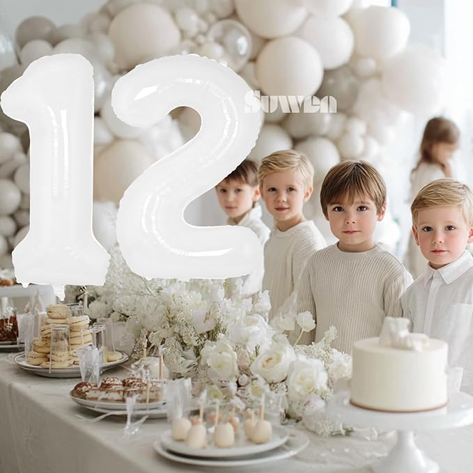 SUWEN 40 Inch White Large 12 Number Balloons Big Foil Helium Number Balloons 0-9 Giant Jumbo Happy 12th Birthday Party Decorations for Boy or Girl Huge Mylar 21 Anniversary Party Supplies