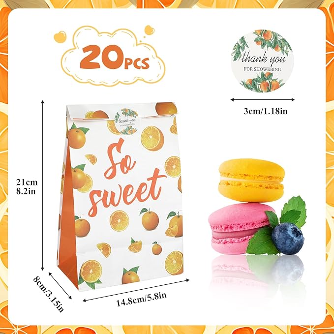 20Pcs Little Cutie Party Treat Bags with Stickers, Orange Theme Party Favor Candy Bags Kraft Paper Gift Bags, Hey Cutie Candy Goodie Bags for Baby Shower Birthday Party Summer Party Supplies