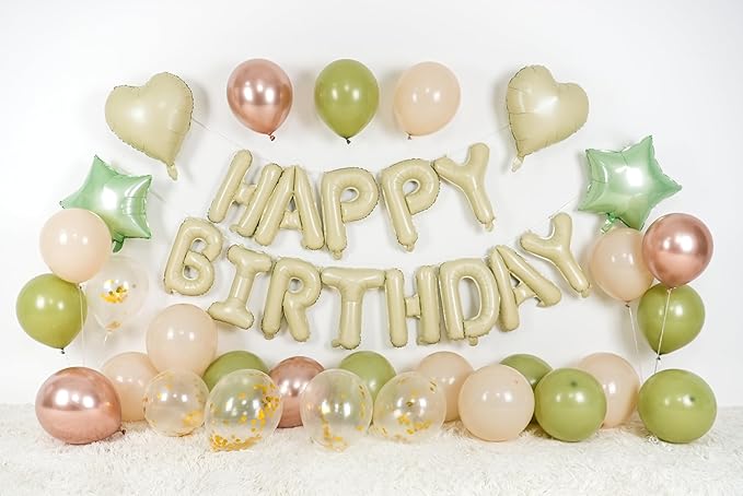 Sage Green Birthday Decorations for Men Women Boys Girls,Sage Green Beige Gold balloons Happy Birthday Balloons Banner Confetti Balloons for Birthday Baby Shower Party Decorations