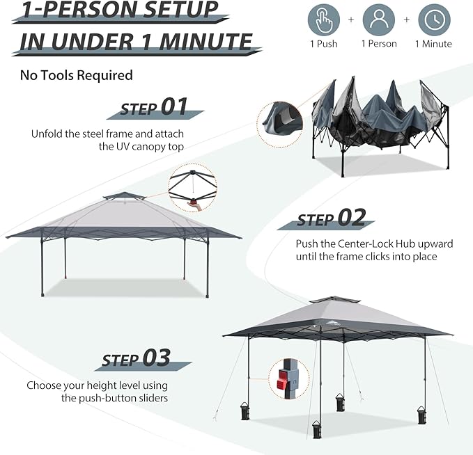EAGLE PEAK 13x13 Straight Leg Pop Up Canopy Tent Instant Outdoor Canopy Easy Single Person Set up Folding Shelter w/Auto Extending Eaves 169 Square Feet of Shade (Light Gray)