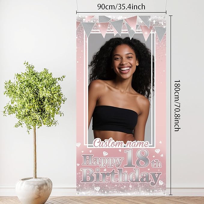 Personalized Happy Birthday Door Banner with Photo Custom Name Birthday Decorations Party Supplies for Women Men (Rose Pink)