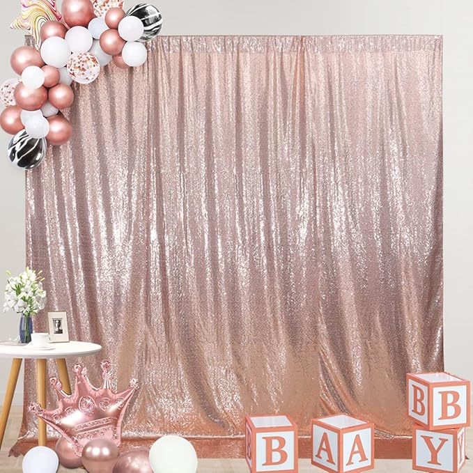 SquarePie 5x7ft Rose Gold Sequin Backdrop, High Density Non-Transparent Glitter Curtain for Photography, Birthday, Wedding Party Decorations, Thick Solid Background with 4" Rod Pocket, 1 Panel