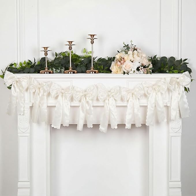 VitalCozy White Bow Garland Decor for Coquette Party Decorations, Pre-Strung Satin Ribbon Birthday Party Garland Bow Banner for Bridal Shower Bachelorette Wedding Birthday Engagement Supplies