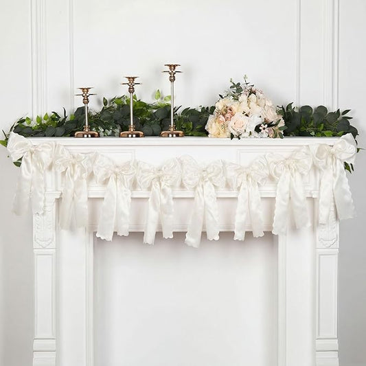 VitalCozy White Bow Garland Decor for Coquette Party Decorations, Pre-Strung Satin Ribbon Birthday Party Garland Bow Banner for Bridal Shower Bachelorette Wedding Birthday Engagement Supplies