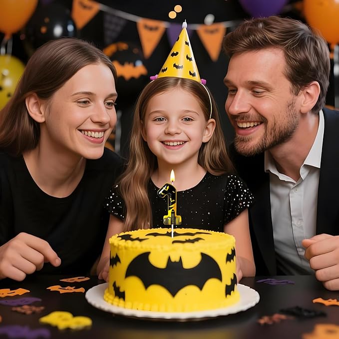 Black Yellow Number 1 Birthday Candle for Cake – Dark Night Hero Style with Bat & City Silhouette Design – Unique Cake Topper for Birthday, Anniversary, Themed Party Decoration