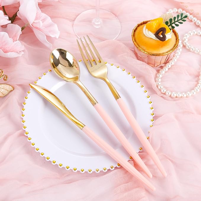 Supernal 102Pcs Pink Plastic Silverware, Gold Disposable Utensils with Pink Handle, Elegant Gold Plastic Silverware Set Includes 34 Forks, 34 Spoons and 34 Knives for Party & Wedding, Mother's Day
