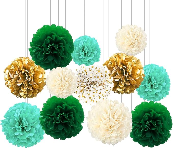 XIKSXITN 12 pc Green Gradient Tissue Pom Poms - Hanging Gold Dot White Paper Flowers Ball for Party Decoration (8-12 inch)