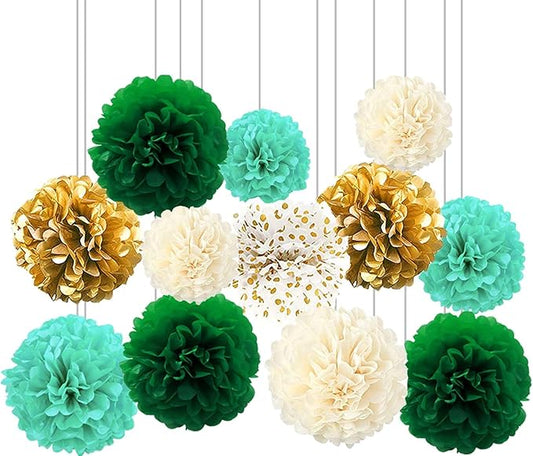 XIKSXITN 12 pc Green Gradient Tissue Pom Poms - Hanging Gold Dot White Paper Flowers Ball for Party Decoration (8-12 inch)