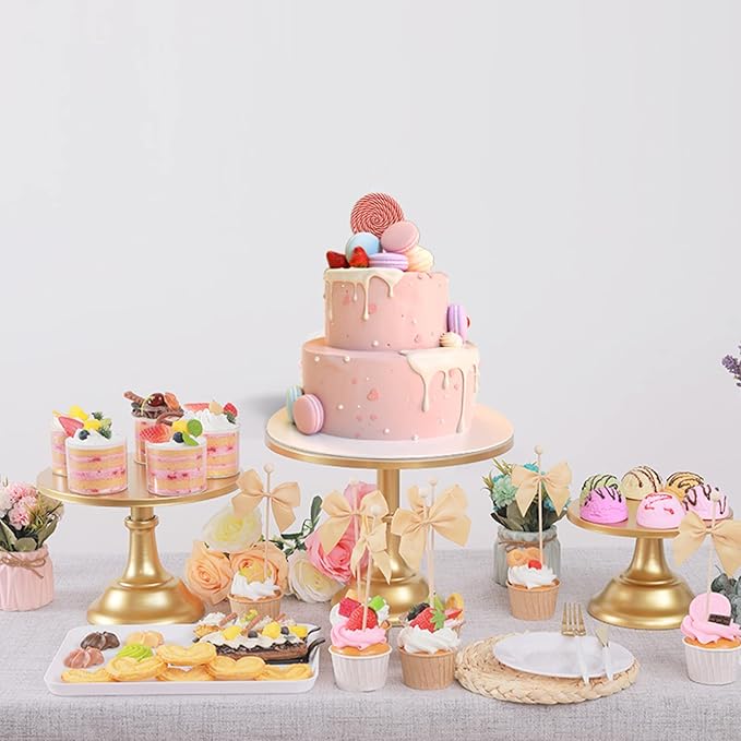 3 Pcs Metal Cake Stand, Cake Pop Stand with Durable & Stable Design, Tall Cake Stands for Dessert Table, Perfect Display for Wedding, Party, Birthday, Baby Shower (Gold)