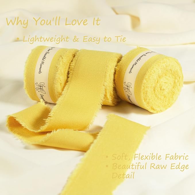 Yellow Cotton Ribbon 1-1/2 Inch Mustard Yellow 3 Rolls 21 Yards Frayed Edge Fabric Set for Wedding Decor, Bridal Bouquet Wrap, Baby Shower, Gift Wrapping & Fall Decor