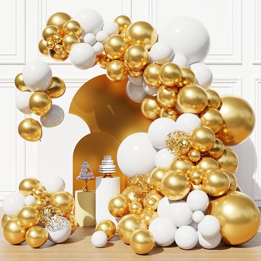White and Gold Balloons Garland Arch Kit, White and Gold Confetti Latex Balloons for Graduation, Wedding, Baby Shower, Engagement, Birthday Party Decorations