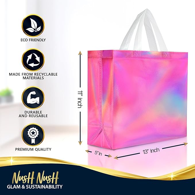 Nush Nush Large Pink Iridescent Gift Bags in Bulk – Set of 30 Holographic Pink Gift Bag With Handles - For Small Business, Birthday, Christmas, Goodie, Gifting, Party Favors - 13 "x 5" x 11" Size