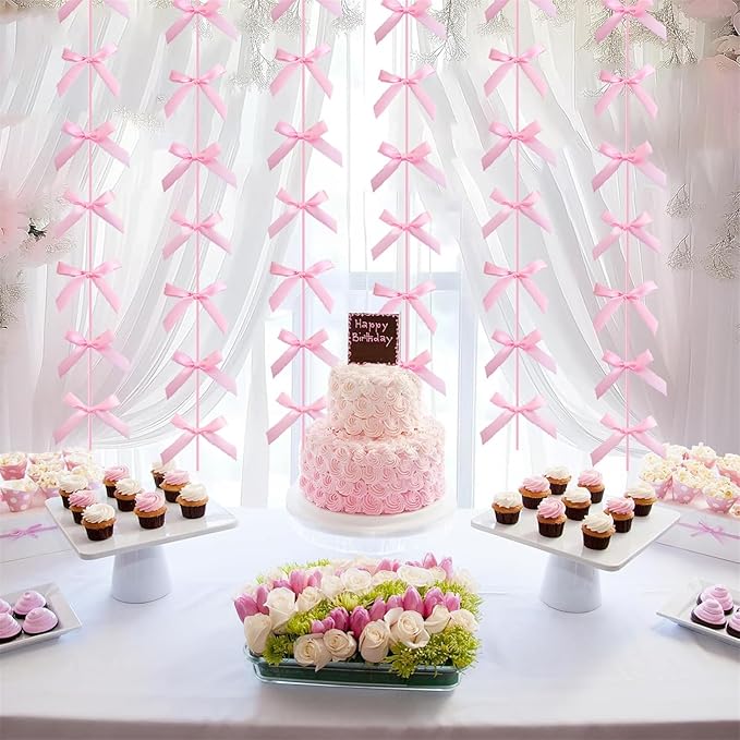 Pink Ribbon Bow Hanging Garland for Baby Shower Pink Bow Party Decorations Girls Bow Birthday Decoration Tying The Knot Bridal Shower Party Room Décor 6pcs
