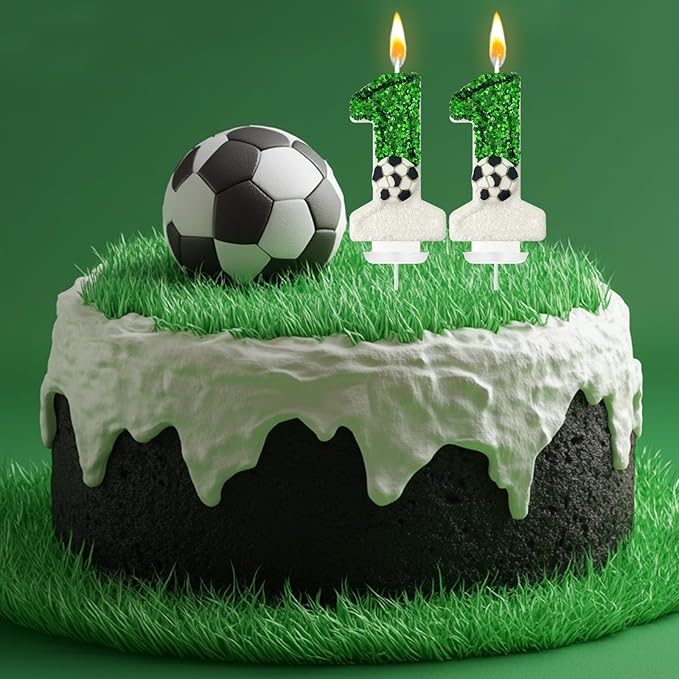 Soccer Birthday Candles Cake Topper for Girl and Boy, Wedding Cakes, Anniversaries, Party Celebrations, Birthday Decorations (Green White, 11)