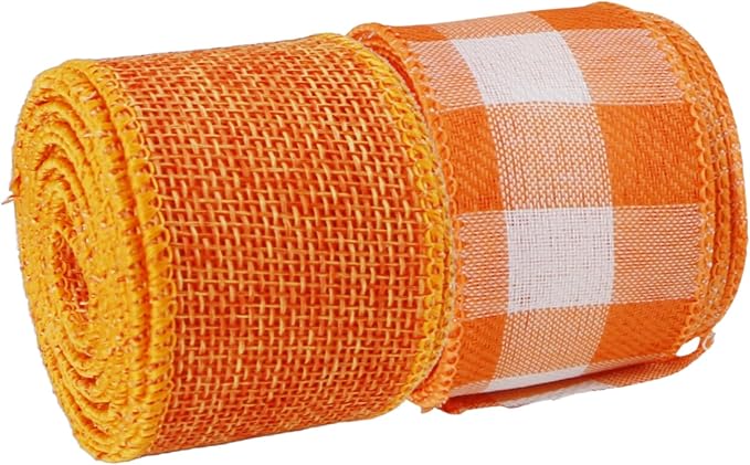 Meseey 1.5 Inch Fall Burlap Wired Ribbon Set, 2 Rolls Total 10 Yards Solid Orange & Orange White Buffalo Check Wired Edge Ribbon for Wreaths, Bows, Gift Wrapping, Thanksgiving & Halloween Decor