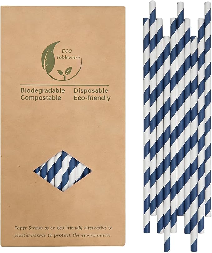 Navy and White Striped Paper Straws, Navy Blue And White Striped Paper Straws for Drinking Cocktail, Long 7.75 inch, Diameter 0.24 inch (100PCS)