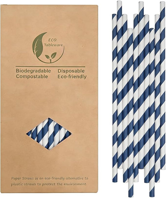 Navy and White Striped Paper Straws, Navy Blue And White Striped Paper Straws for Drinking Cocktail, Long 7.75 inch, Diameter 0.24 inch (100PCS)