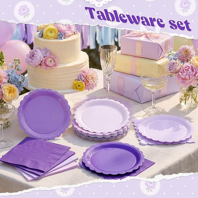 120 Pcs Paper Plates and Napkins Party Supplies Bulk Disposable 7 Inch Scalloped Plates Cocktail Napkins for Wedding Bridal Baby Shower Birthday Decorations, Serve 60(Purple Series)