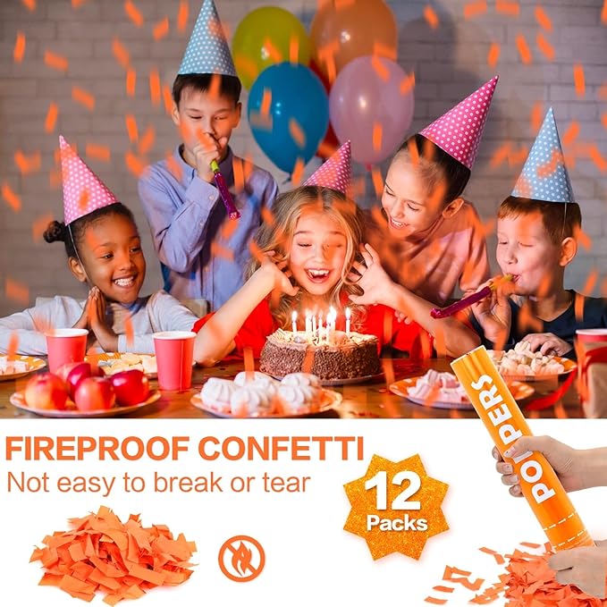 Confetti Cannon 12Pack Orange Party Popper Shooters 12 Inch Confftti Poppers for Wedding Birthday Graduation Christmas New Year Eve Party Supply Launches 20-25ft