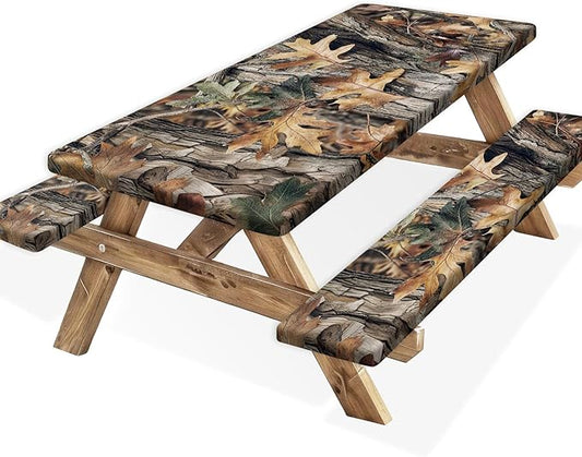 Camo Picnic Table Cover with Bench Covers, Oak Camouflage Patterns Camping Essentials Tablecloth Waterproof Fitted Rectangle Tables and Seats, Outdoor Table Covers with Elastic Windproof Edges