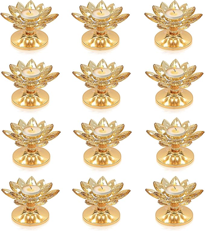 12 PCS Gold Crystal Flower Tea Light Holder Bulk, Glass Tealight Candlestick with Metal Base, Votive Candle for Table Centerpiece, Wedding/Parties Decor, Nice Gift