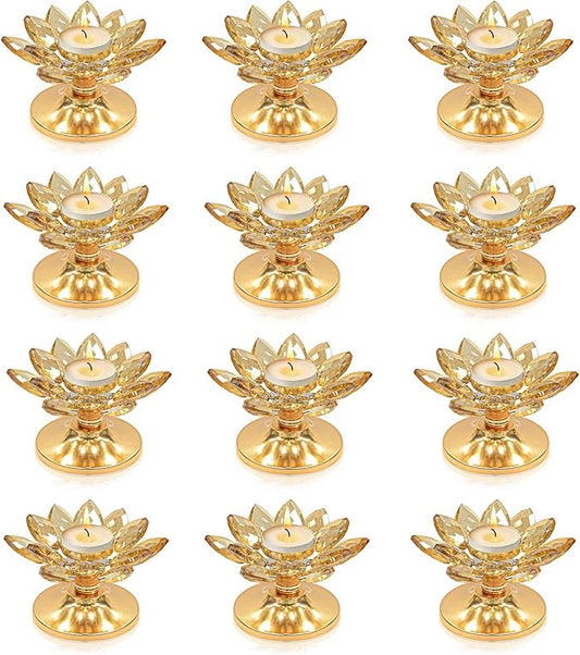 12 PCS Gold Crystal Flower Tea Light Holder Bulk, Glass Tealight Candlestick with Metal Base, Votive Candle for Table Centerpiece, Wedding/Parties Decor, Nice Gift