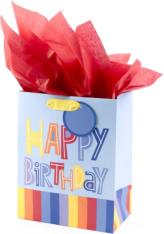 Hallmark 9" Medium Gift Bag with Tissue Paper (Happy Birthday, Rainbow Stripes on Light Blue)