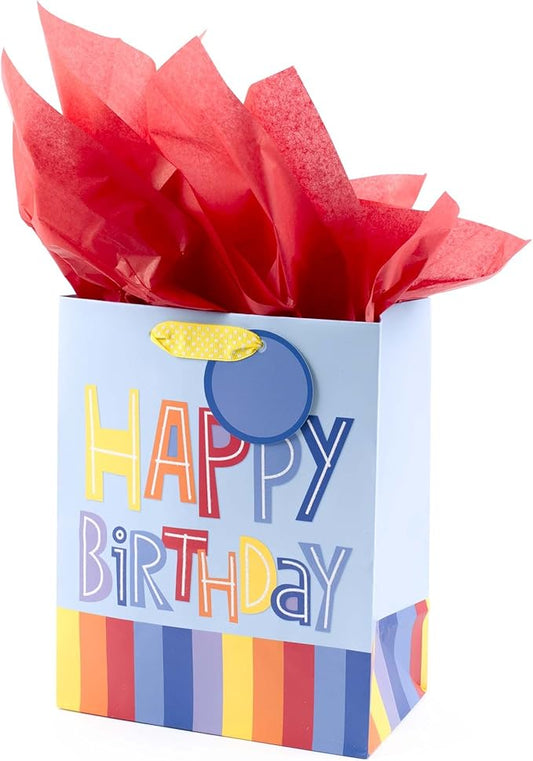 Hallmark 9" Medium Gift Bag with Tissue Paper (Happy Birthday, Rainbow Stripes on Light Blue)