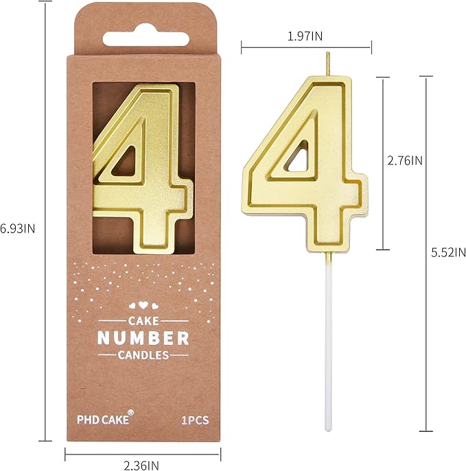 PHD CAKE 2.76 Inch Luxe Gold 4 Number Birthday Candles, Gold Number Candles, Cake Number Candles, Party Celebration