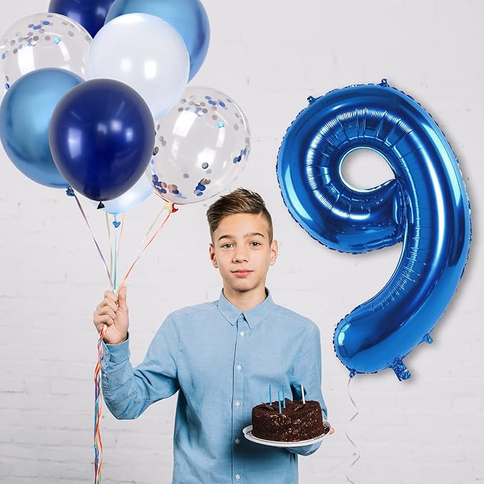Navy Blue 9 Balloons, 40 Inch Dark Blue Foil Number 9 Balloon Set, XXL Self Inflating 9 Helium Balloon with Metallic Blue Silver Confetti Balloon for Boys 9th Birthday Anniversary Party Decorations