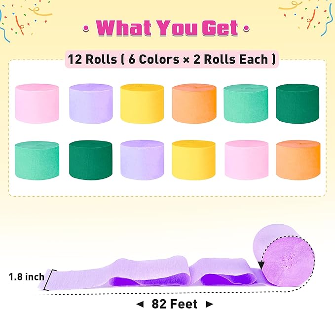 Crepe Paper Streamers, 12 Rolls Party Streamers, 6 Colors 984 Ft Streamers Party Decorations for Birthday, Wedding, Baby Shower, Holiday, DIY Crafts, Backdrop