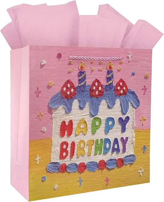 Ziletafei 9" Gift Bag with Tissue Paper, Happy Birthday Candle Cake Design for Girls Women, Pink Medium Size Party Favor Bags