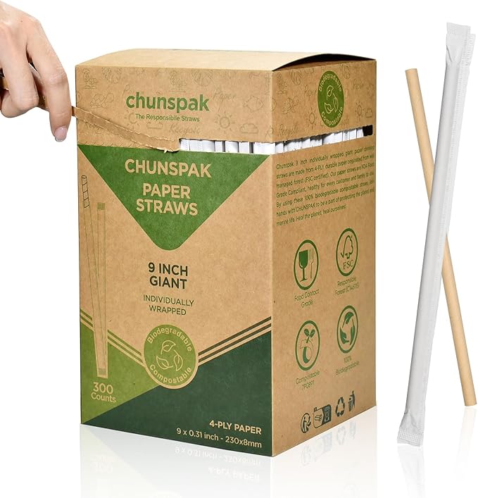 9'' x 0.31'' Giant Paper Drinking Straws Individually Wrapped 300 Counts, Dye-free Brown Kraft - 4 Ply Thick Paper