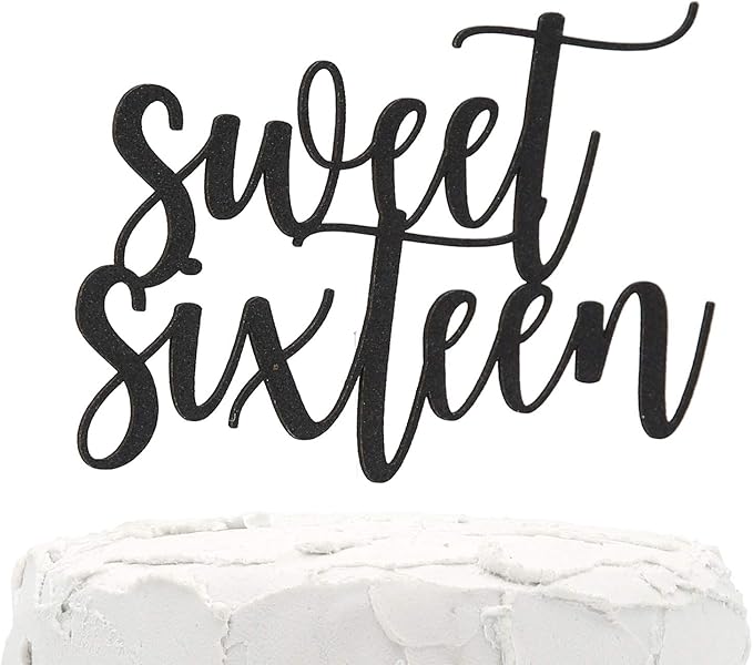 16th Birthday Cake Topper - Sweet Sixteen - Double Sided Black Glitter - Premium Quality Made in USA