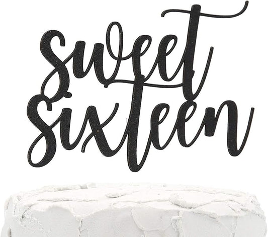 16th Birthday Cake Topper - Sweet Sixteen - Double Sided Black Glitter - Premium Quality Made in USA